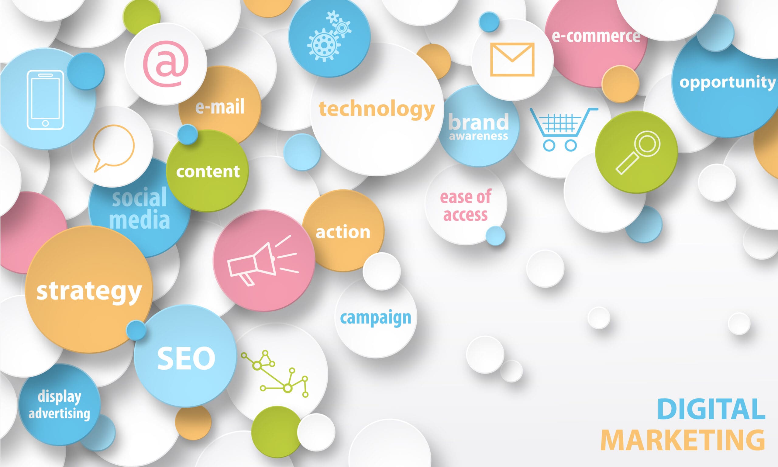 digital marketing key terms and icons banner